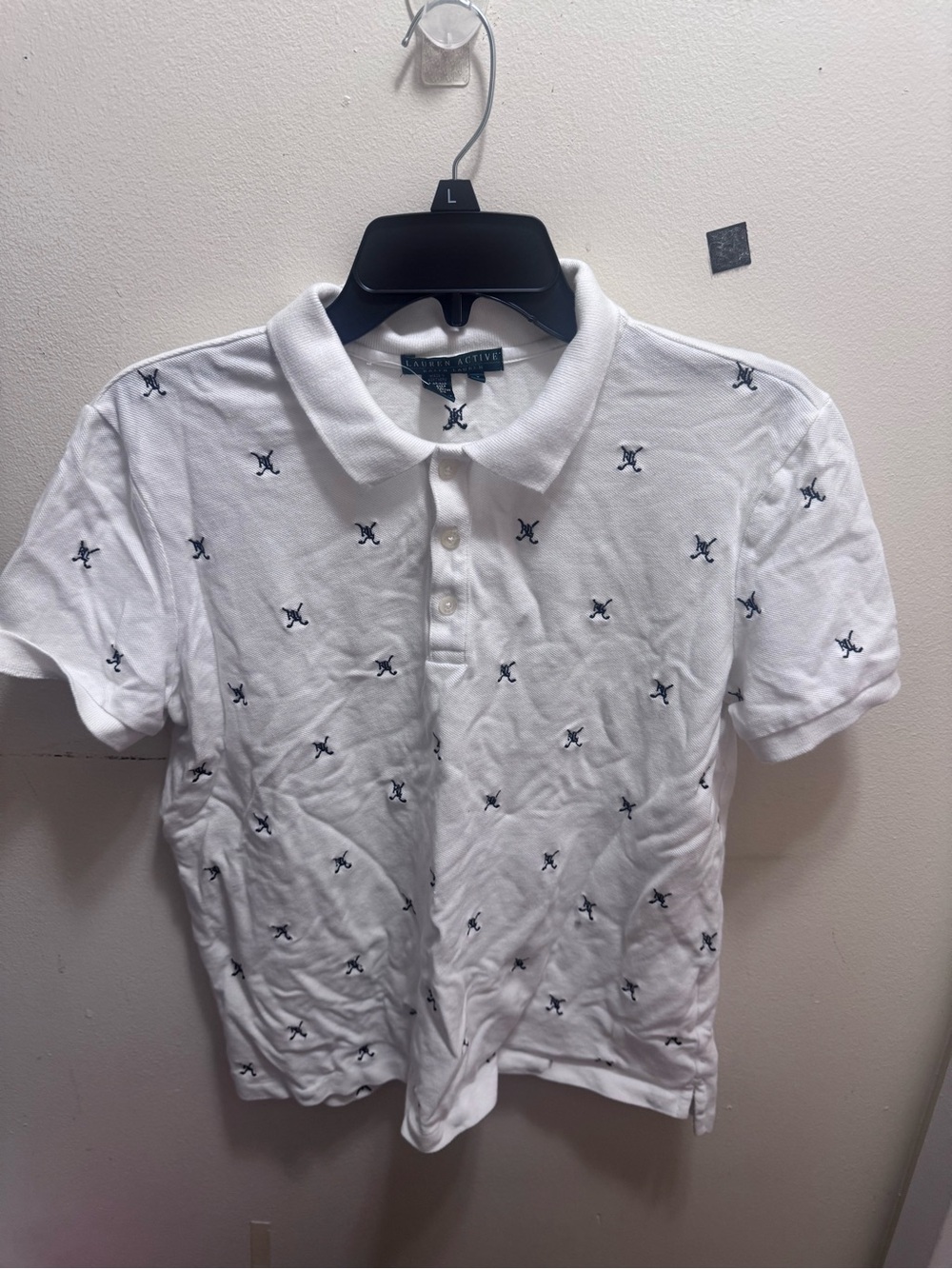 Ralph Lauren White Polo with black Embroidered Motifs size large